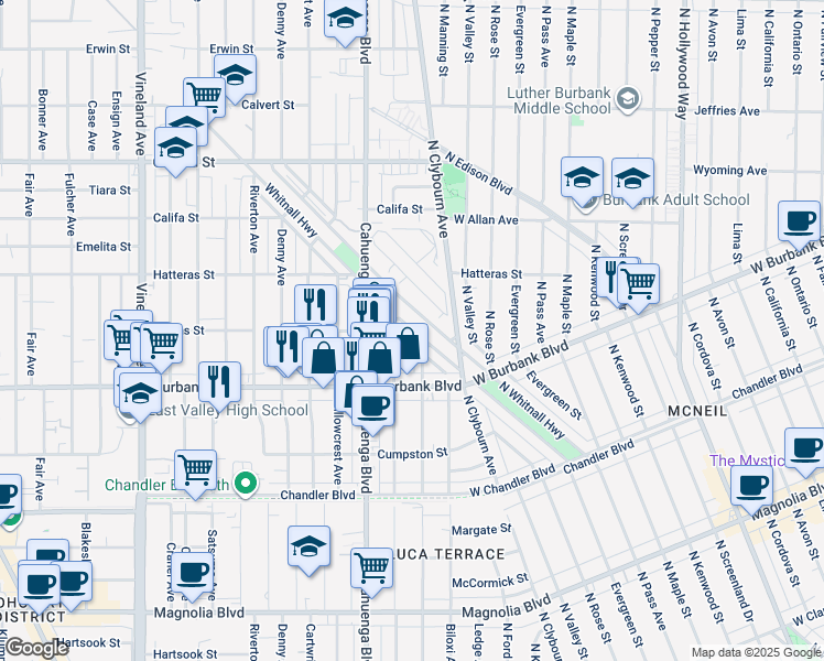 map of restaurants, bars, coffee shops, grocery stores, and more near 5719 Auckland Avenue in Los Angeles