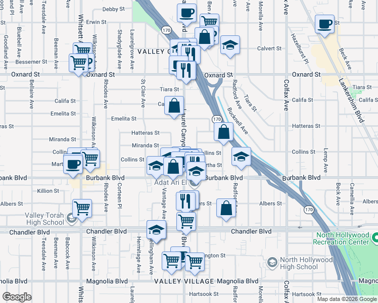 map of restaurants, bars, coffee shops, grocery stores, and more near 5726 Laurel Canyon Boulevard in Los Angeles