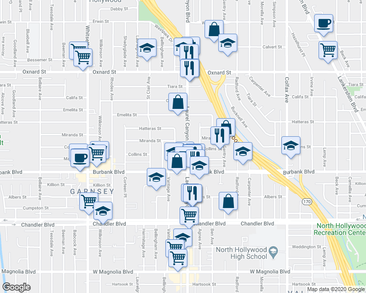 map of restaurants, bars, coffee shops, grocery stores, and more near 5726 Laurel Canyon Boulevard in Los Angeles