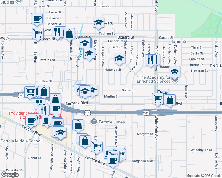 map of restaurants, bars, coffee shops, grocery stores, and more near 5729 Bertrand Avenue in Los Angeles