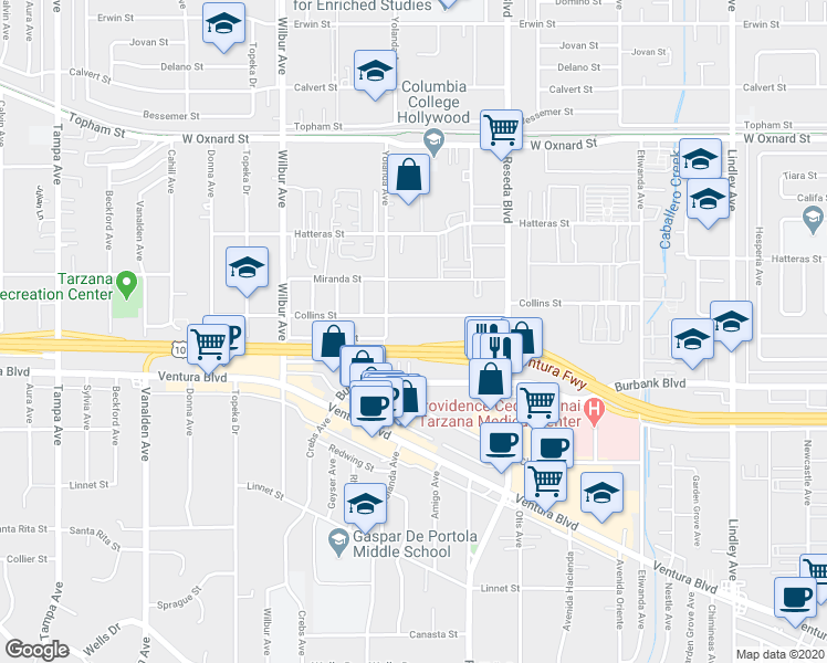 map of restaurants, bars, coffee shops, grocery stores, and more near 18619 Collins Street in Los Angeles