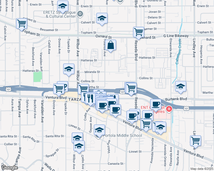 map of restaurants, bars, coffee shops, grocery stores, and more near 18656 Collins Street in Los Angeles