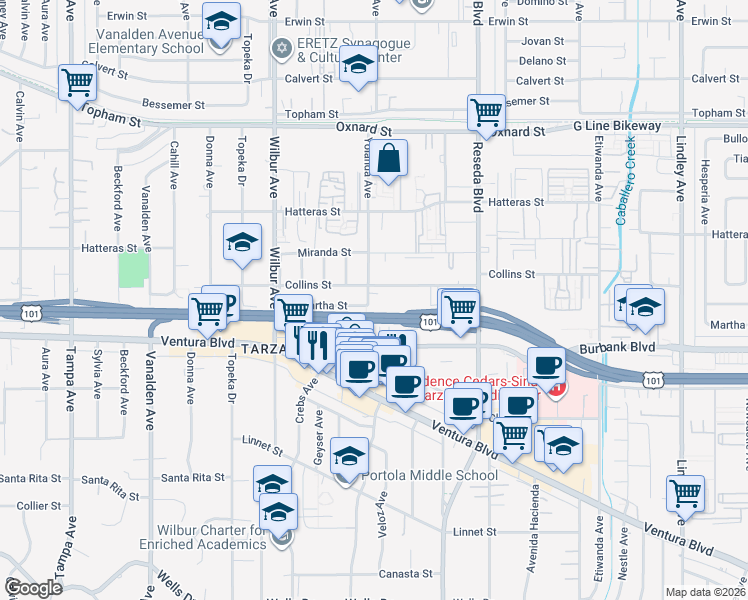 map of restaurants, bars, coffee shops, grocery stores, and more near 18656 Collins Street in Los Angeles