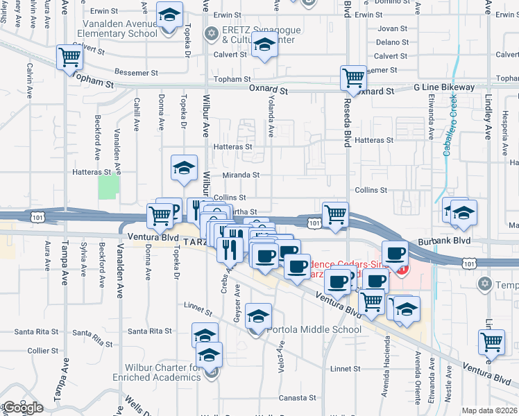 map of restaurants, bars, coffee shops, grocery stores, and more near 18730 Collins Street in Los Angeles