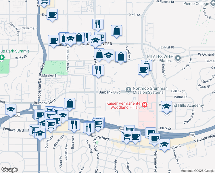 map of restaurants, bars, coffee shops, grocery stores, and more near 21301 Burbank Boulevard in Los Angeles