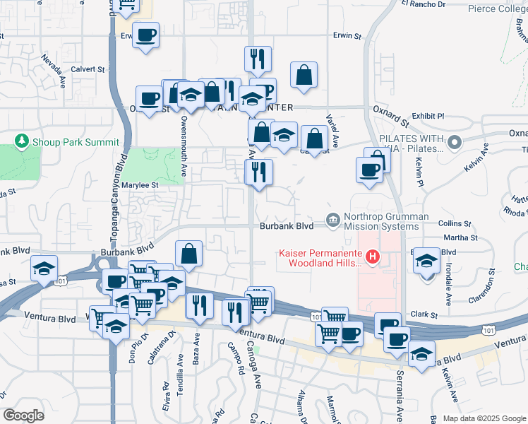 map of restaurants, bars, coffee shops, grocery stores, and more near 21301 Burbank Boulevard in Los Angeles