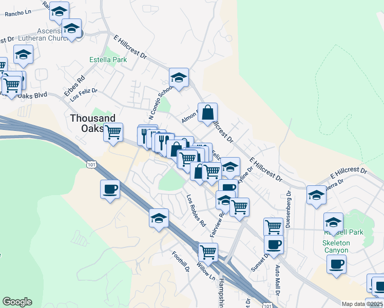 map of restaurants, bars, coffee shops, grocery stores, and more near 136 North Oakview Drive in Thousand Oaks