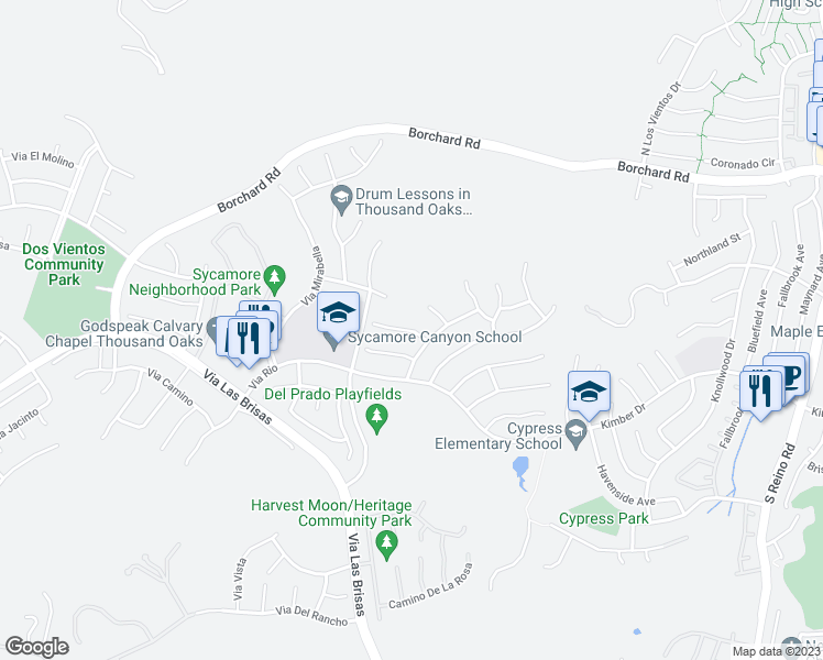 map of restaurants, bars, coffee shops, grocery stores, and more near 254 Via Lara in Thousand Oaks