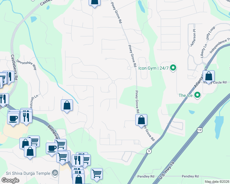 map of restaurants, bars, coffee shops, grocery stores, and more near 5710 Sterling Court in Cumming