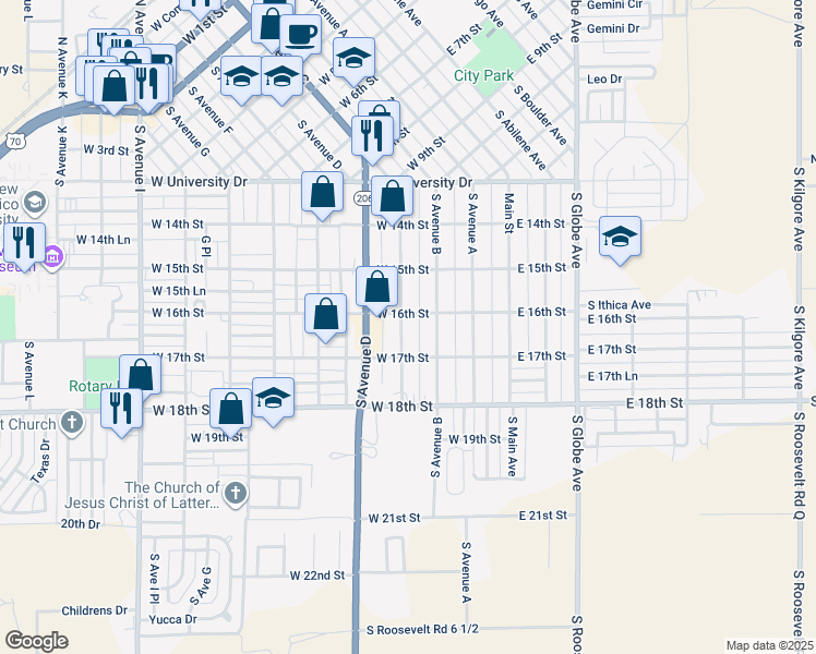 map of restaurants, bars, coffee shops, grocery stores, and more near 400-448 West 16th Street in Portales