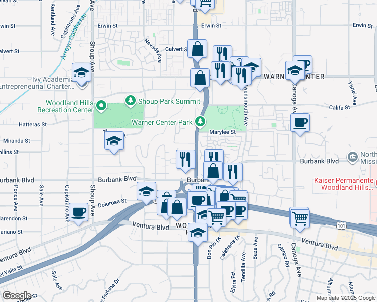 map of restaurants, bars, coffee shops, grocery stores, and more near 5721 California 27 in Los Angeles