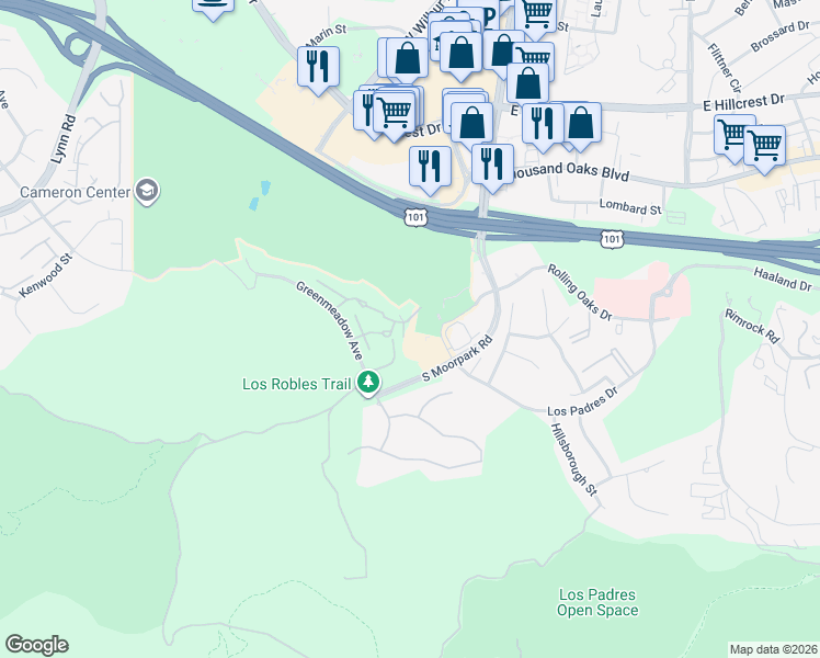 map of restaurants, bars, coffee shops, grocery stores, and more near 234 Green Lea Place in Thousand Oaks