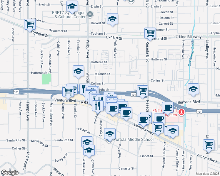 map of restaurants, bars, coffee shops, grocery stores, and more near 18730 Collins Street in Los Angeles
