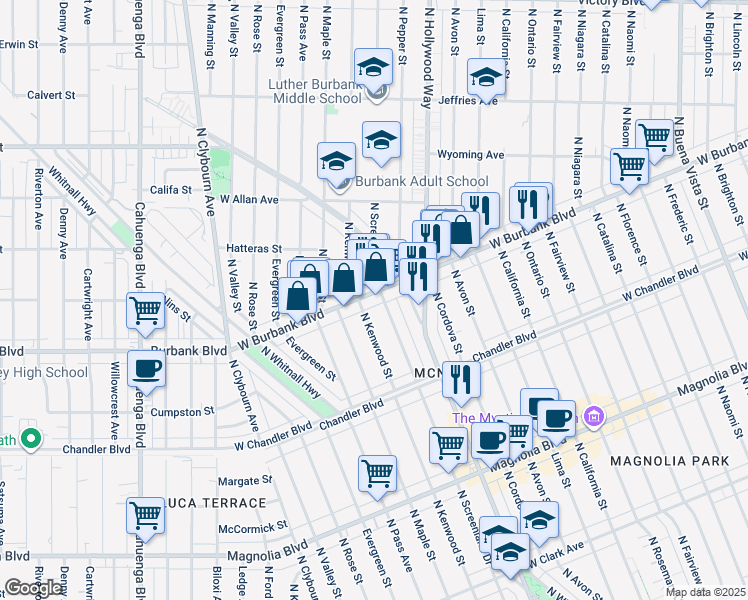 map of restaurants, bars, coffee shops, grocery stores, and more near 3801 West Burbank Boulevard in Burbank
