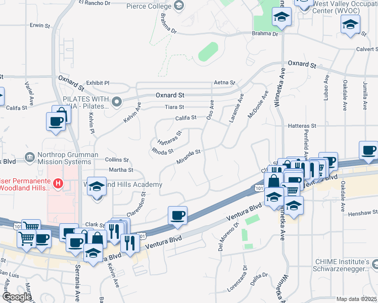 map of restaurants, bars, coffee shops, grocery stores, and more near 20435 Miranda Street in Los Angeles