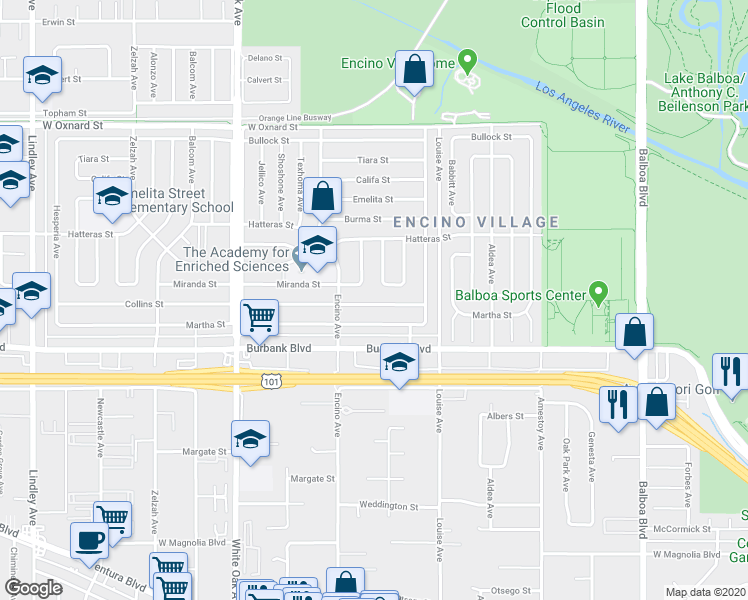 map of restaurants, bars, coffee shops, grocery stores, and more near 17415 Collins Street in Los Angeles
