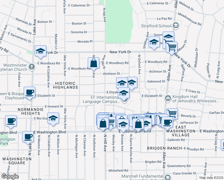 map of restaurants, bars, coffee shops, grocery stores, and more near 1455 East Elizabeth Street in Pasadena