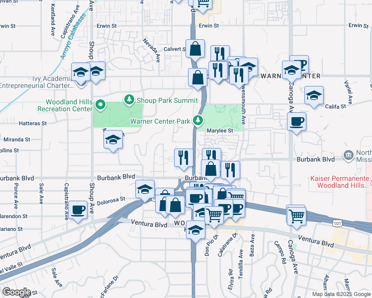 map of restaurants, bars, coffee shops, grocery stores, and more near 5721 California 27 in Los Angeles
