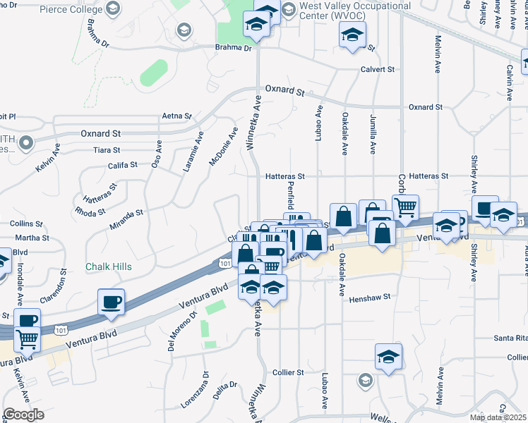 map of restaurants, bars, coffee shops, grocery stores, and more near 5656 Winnetka Avenue in Los Angeles