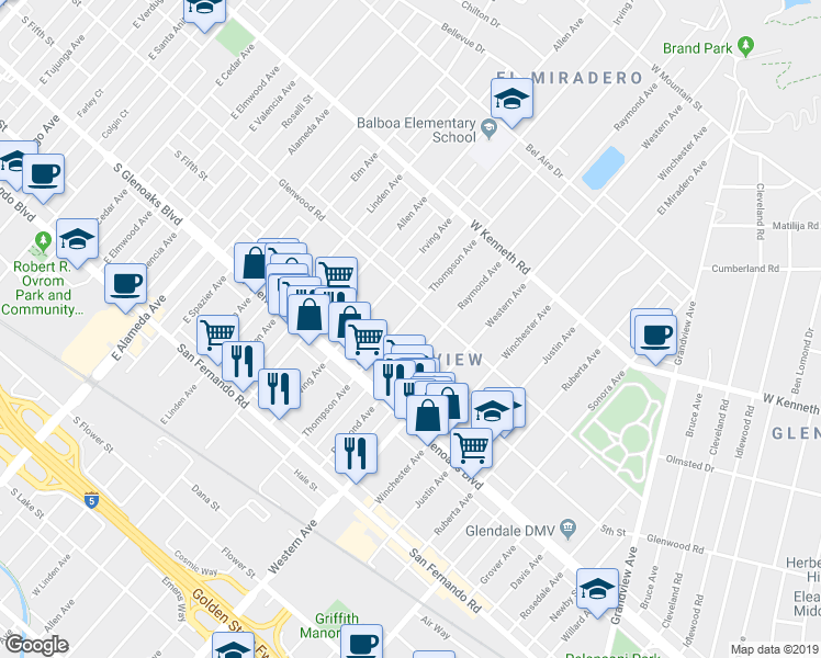map of restaurants, bars, coffee shops, grocery stores, and more near 1160 Thompson Avenue in Glendale