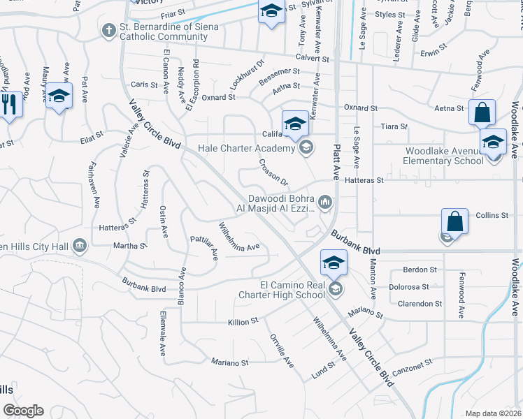 map of restaurants, bars, coffee shops, grocery stores, and more near 5650 Valley Circle Boulevard in Los Angeles