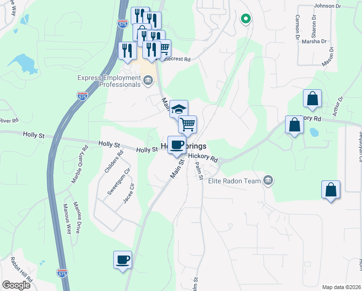 map of restaurants, bars, coffee shops, grocery stores, and more near 2720 Holly Springs Parkway in Holly Springs