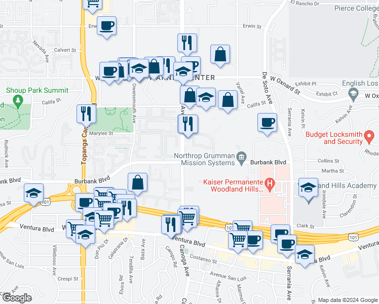 map of restaurants, bars, coffee shops, grocery stores, and more near 5700 Canoga Avenue in Los Angeles
