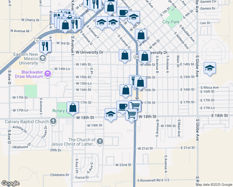 map of restaurants, bars, coffee shops, grocery stores, and more near 1530 South Avenue East in Portales