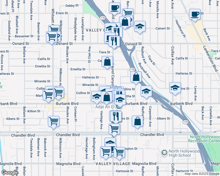 map of restaurants, bars, coffee shops, grocery stores, and more near 5726 Laurel Canyon Boulevard in Los Angeles