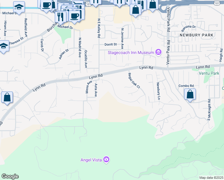 map of restaurants, bars, coffee shops, grocery stores, and more near 1808 Crystal View Circle in Thousand Oaks