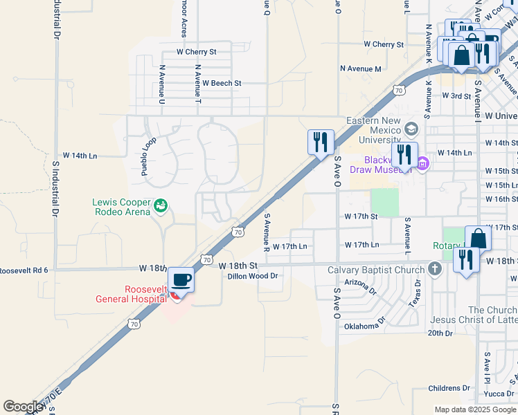 map of restaurants, bars, coffee shops, grocery stores, and more near 1900 West 2nd Street in Portales