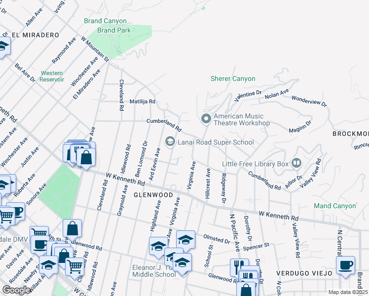 map of restaurants, bars, coffee shops, grocery stores, and more near 714 Pleasant View Terrace in Glendale