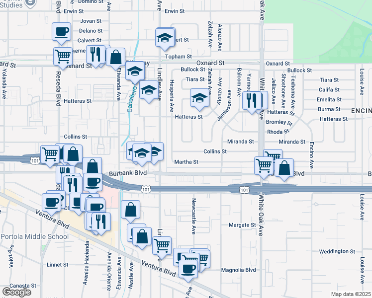 map of restaurants, bars, coffee shops, grocery stores, and more near 5729 Bertrand Avenue in Los Angeles