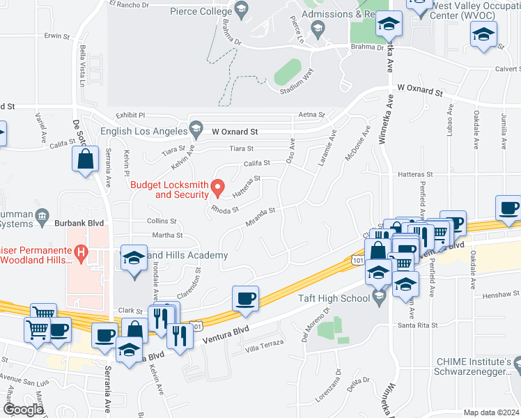 map of restaurants, bars, coffee shops, grocery stores, and more near 20435 Miranda Street in Los Angeles