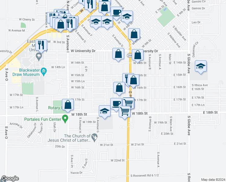 map of restaurants, bars, coffee shops, grocery stores, and more near 528 West 16th Lane in Portales
