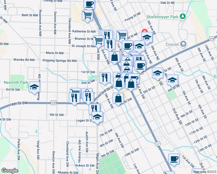 map of restaurants, bars, coffee shops, grocery stores, and more near 2nd St SW in Cullman