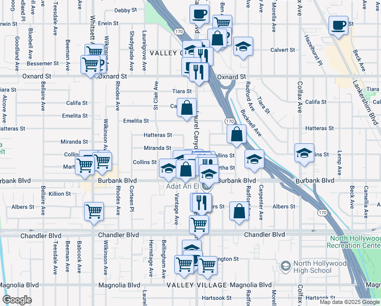 map of restaurants, bars, coffee shops, grocery stores, and more near 5726 Laurel Canyon Boulevard in Los Angeles