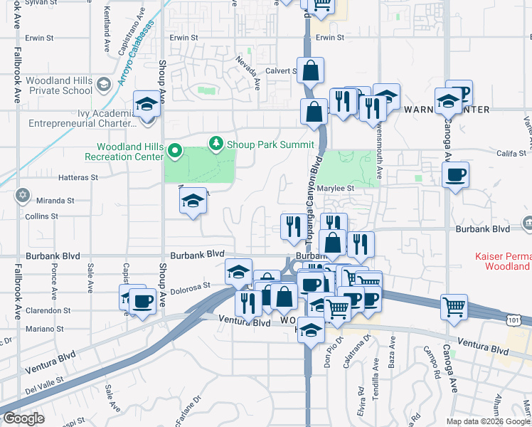 map of restaurants, bars, coffee shops, grocery stores, and more near 22125 Burbank Boulevard in Los Angeles