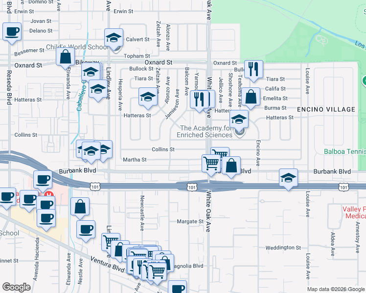 map of restaurants, bars, coffee shops, grocery stores, and more near 17811 Collins Street in Los Angeles