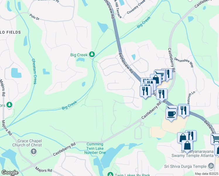 map of restaurants, bars, coffee shops, grocery stores, and more near 5930 Falls Landing Drive in Cumming