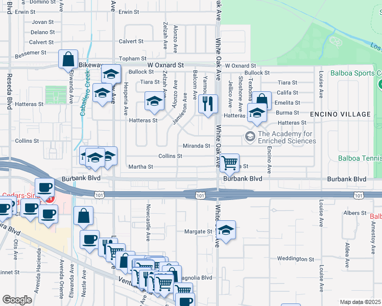 map of restaurants, bars, coffee shops, grocery stores, and more near 17811 Collins Street in Los Angeles
