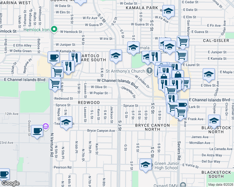 map of restaurants, bars, coffee shops, grocery stores, and more near 2720 South J Street in Oxnard