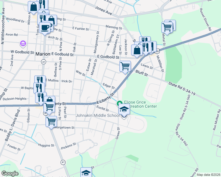 map of restaurants, bars, coffee shops, grocery stores, and more near 719 Edgar Street in Marion