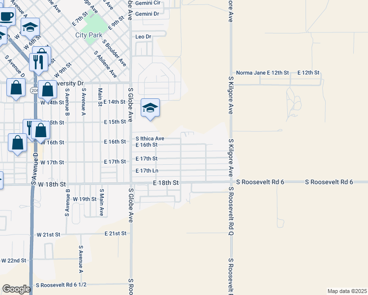 map of restaurants, bars, coffee shops, grocery stores, and more near 500 East 16th Street in Portales