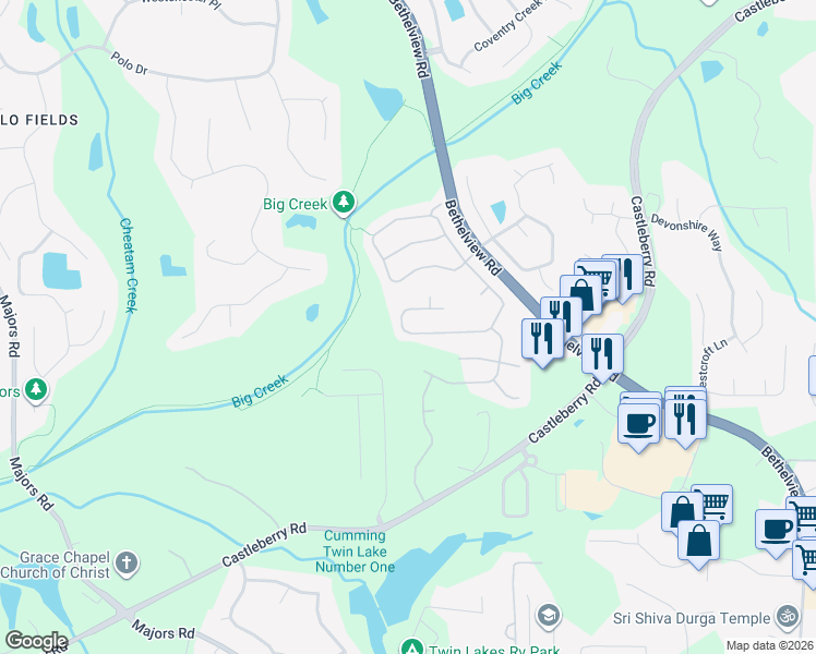 map of restaurants, bars, coffee shops, grocery stores, and more near 5930 Falls Landing Drive in Cumming
