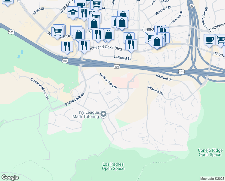 map of restaurants, bars, coffee shops, grocery stores, and more near 300 Rolling Oaks Drive in Thousand Oaks