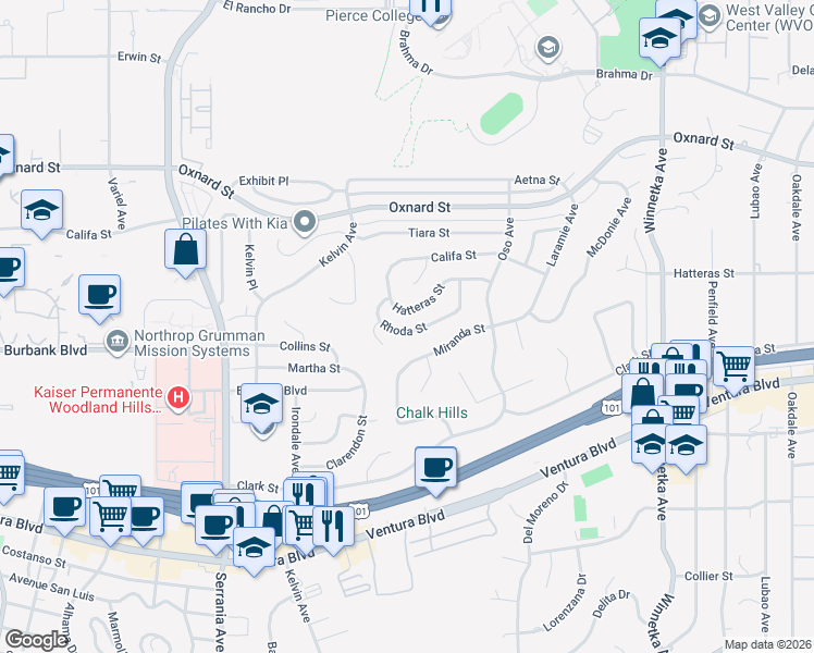 map of restaurants, bars, coffee shops, grocery stores, and more near 20531 Rhoda Street in Los Angeles