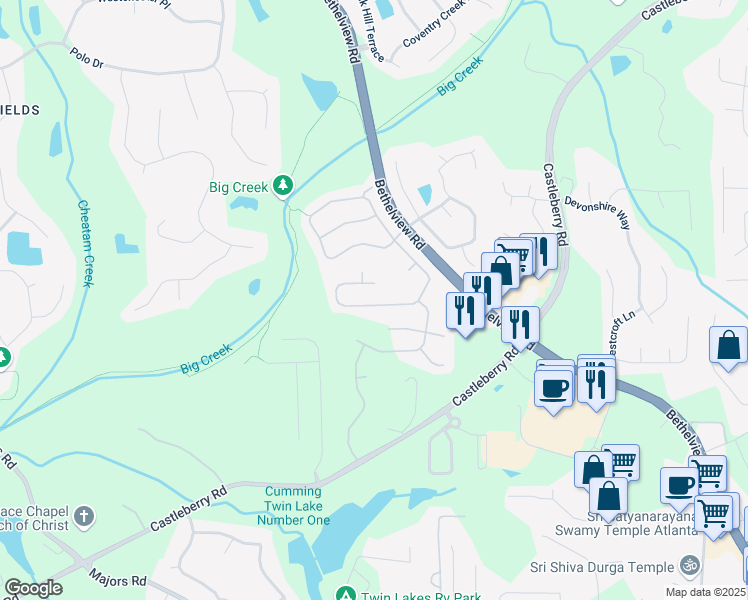 map of restaurants, bars, coffee shops, grocery stores, and more near 5830 Falls Landing Drive in Cumming
