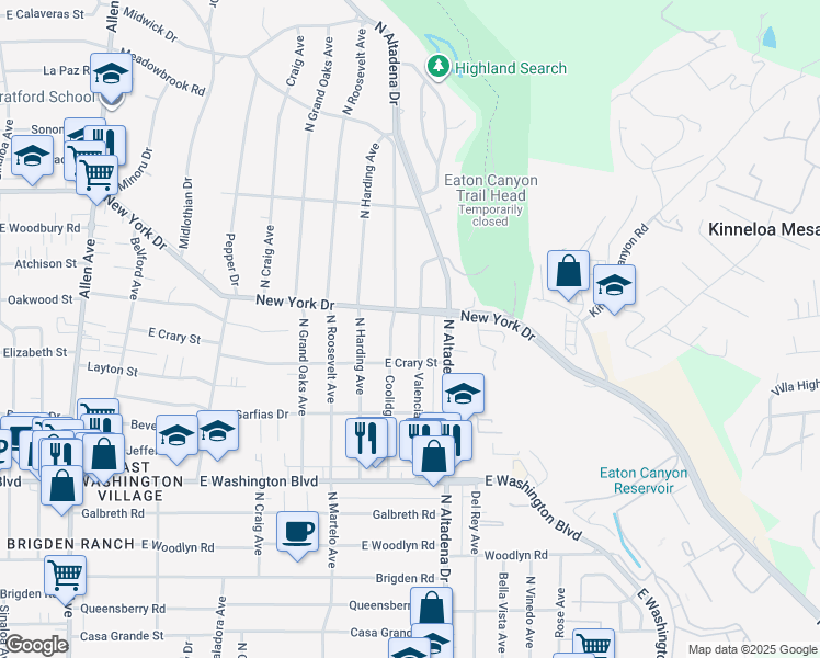 map of restaurants, bars, coffee shops, grocery stores, and more near 2552 New York Drive in Altadena