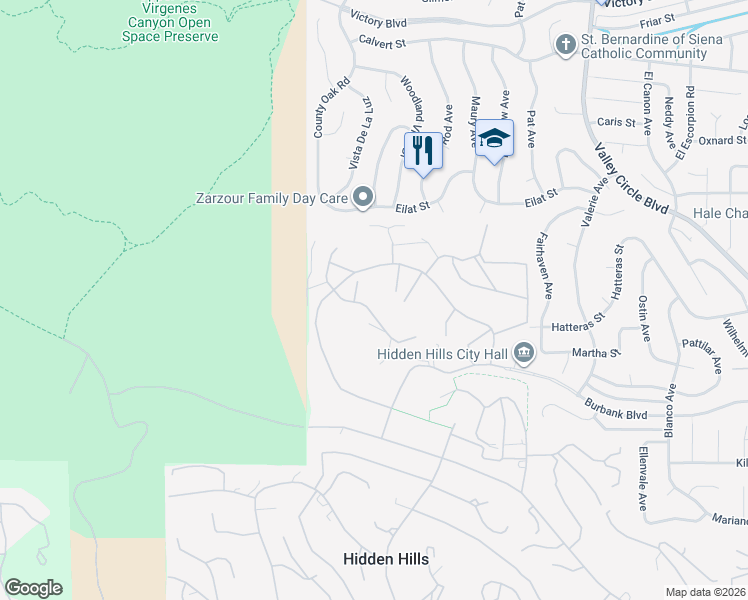 map of restaurants, bars, coffee shops, grocery stores, and more near 5947 Annie Oakley Road in Hidden Hills